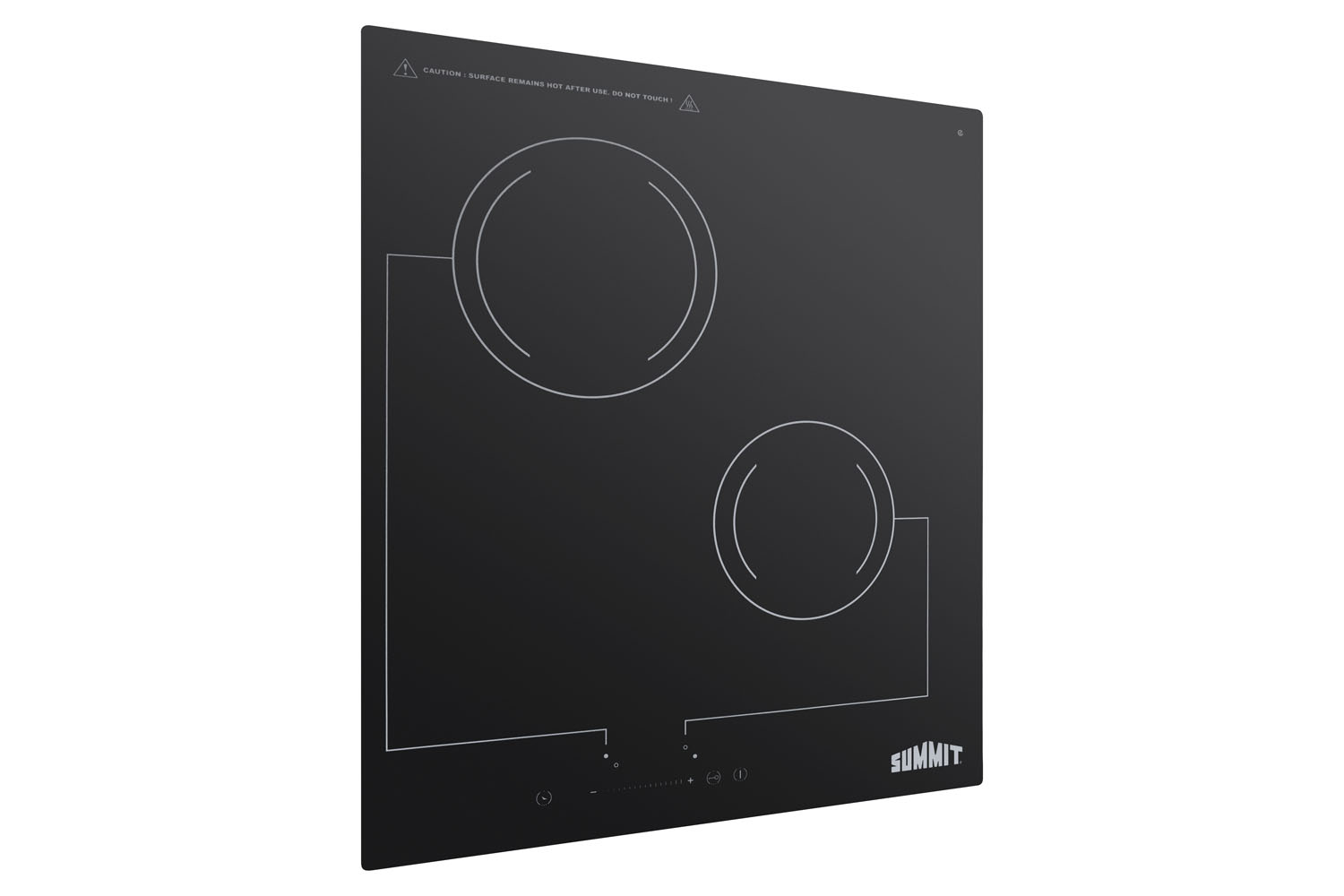 2-burner 220V radiant cooktop with digital touch controls and black glass surface